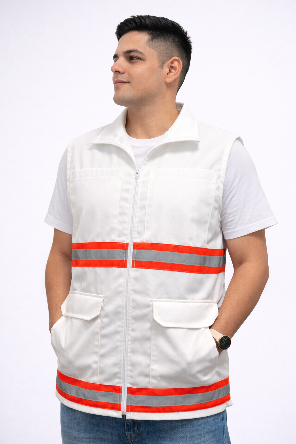 Chaleco Brigada Primeros Auxilios Blanco Cerrado 100% Algodón Protección Civil - Image 10